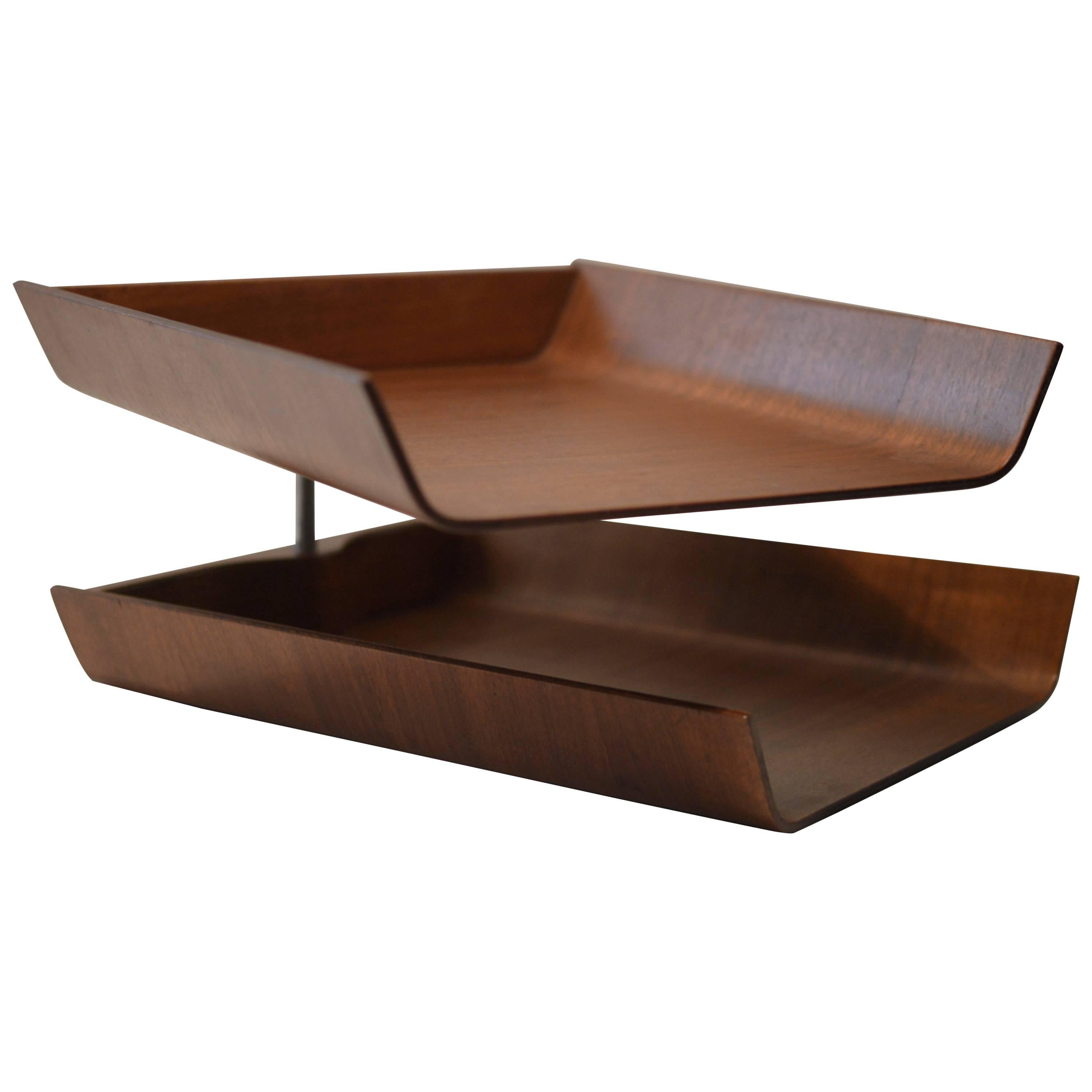 Walnut Plywood Double Pivoting Letter Tray by Florence Knoll