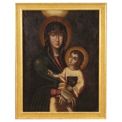 siglo XIX Óleo sobre Lienzo Pintura Italiana Religiosa Antigua Virgen con Niño
