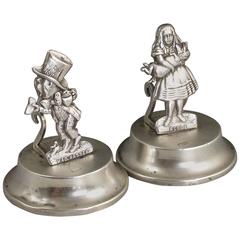 Pair of Edwardian Novelty Antique Silver Alice & Madhatter Menu Holders