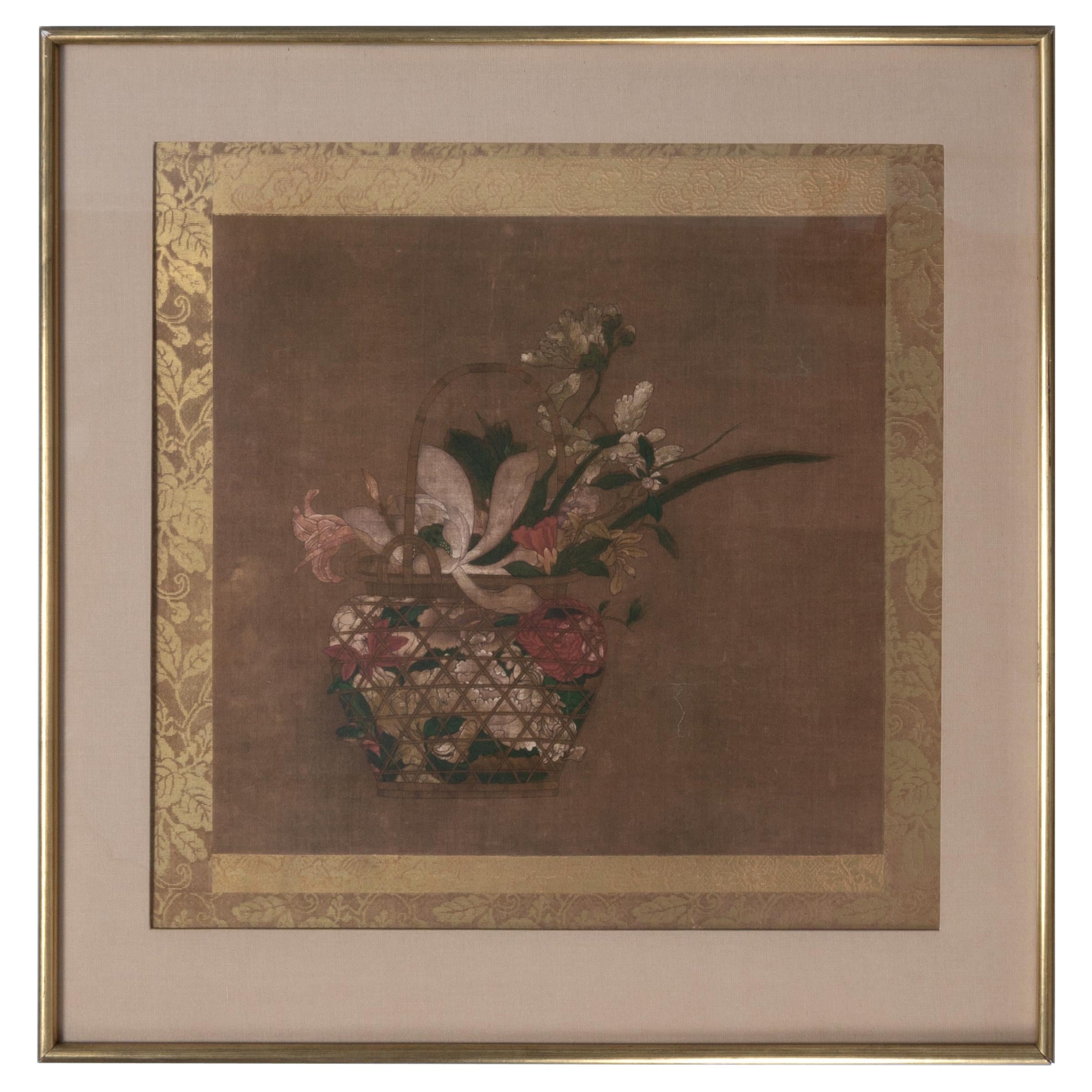 Framed Japanese Painting on Silk, Flowers In Basket , Japan, Showa Period C.1930