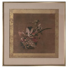 Framed Japanese Painting on Silk, Flowers In Basket , Japan, Showa Period C.1930