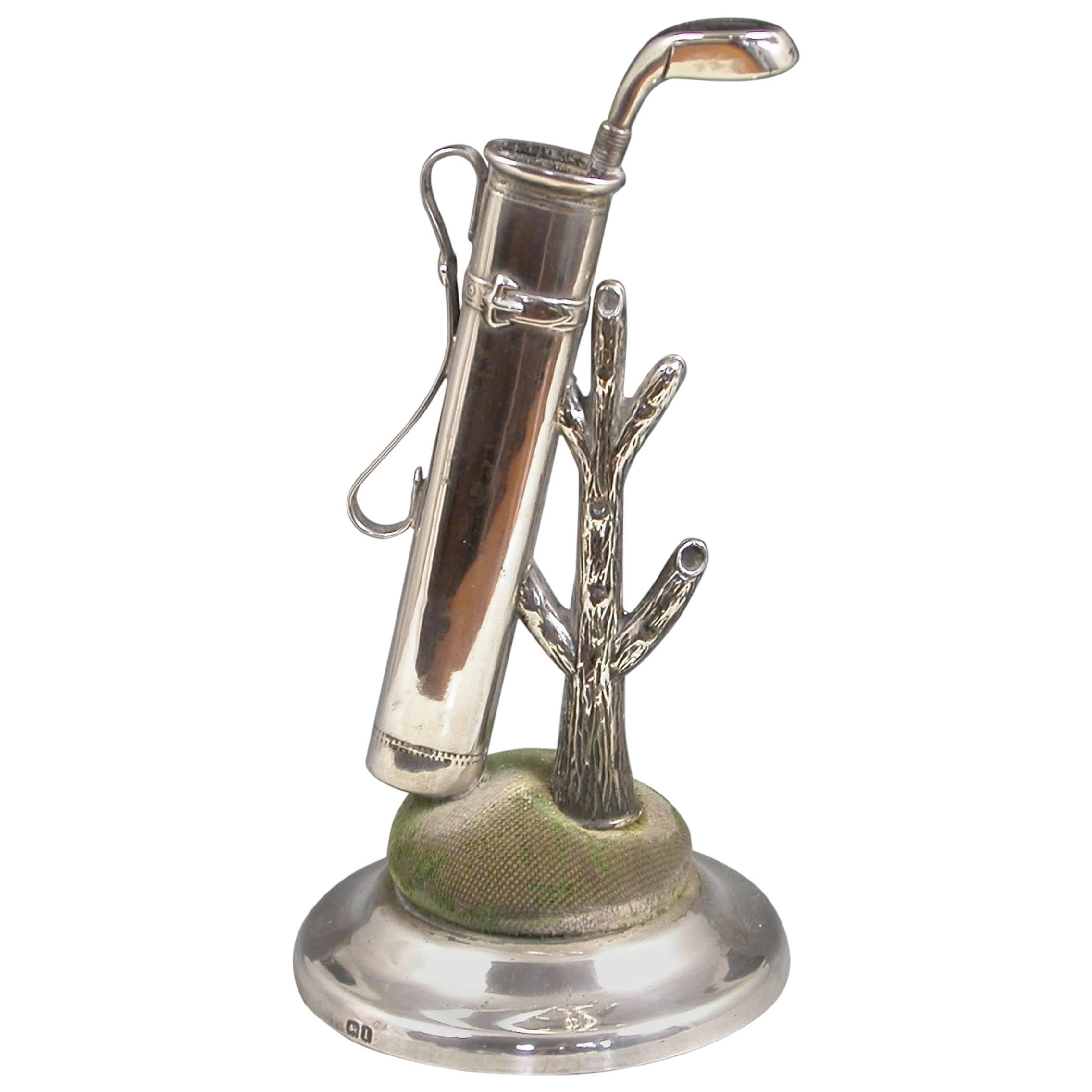 Edwardian Novelty Silver Golf Bag Ring Tree Hat Pin Cushion