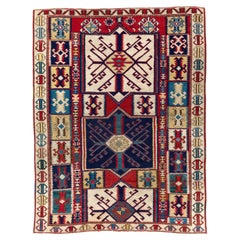 Alfombra antigua caucásica Shirvan Kuba de 3,7x4,8 pies con diseño Kilim inusual