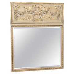 Antique Finely Carved Paint Decorated and Giltwood Floral Beveled Glass Trumeau Mirror