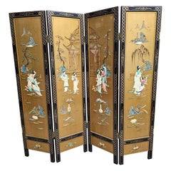 Asian Colored Stone Mounted, Lacquered and Decorated 4-Panel Floor Screen