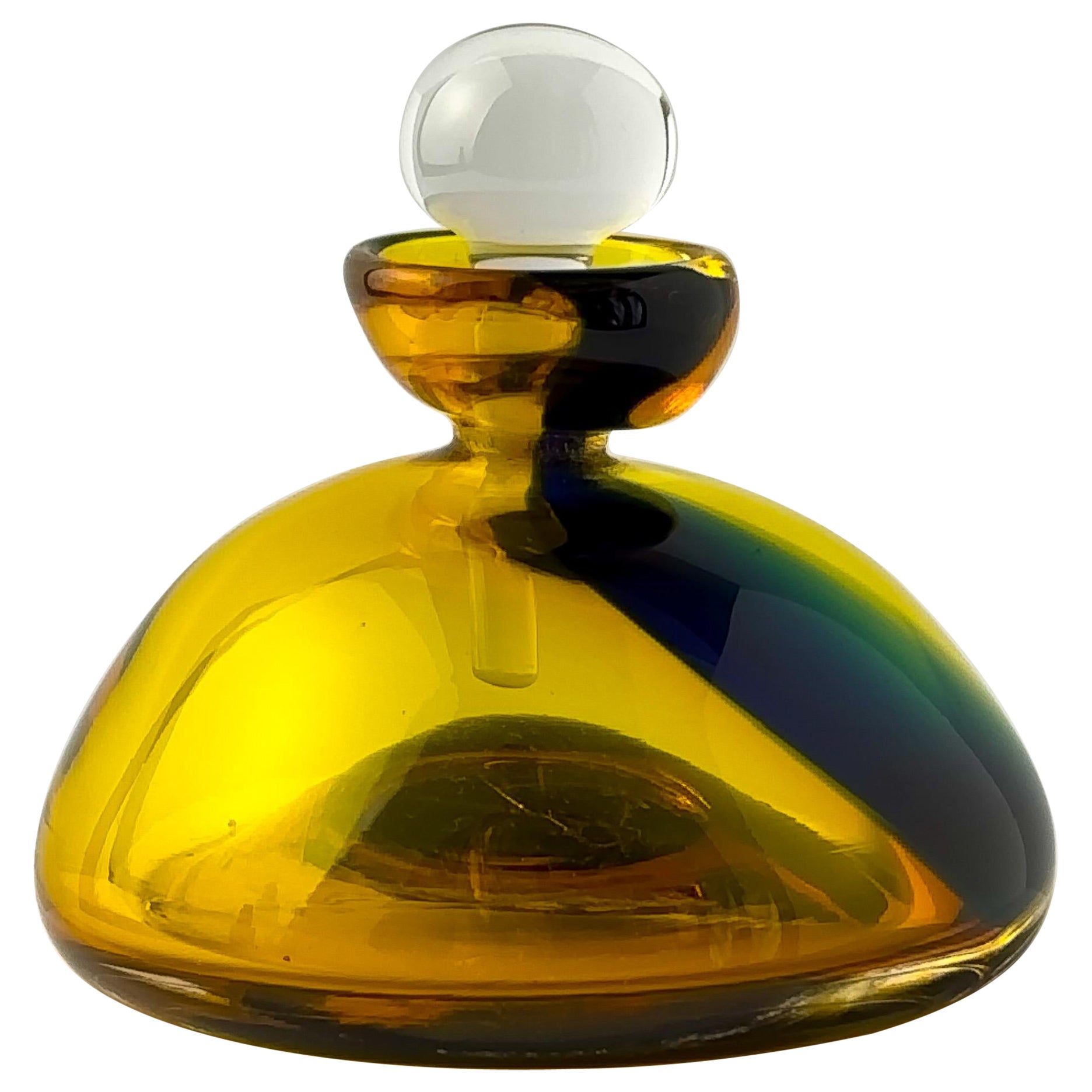 Frasco de perfume vintage de vidrio artístico amarillo y azul - Firmado Tati 1997 en venta
