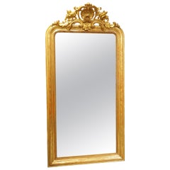 Beautiful Antique Gold Leaf French Louis Philippe Mirror with Crest, H-74 Inches