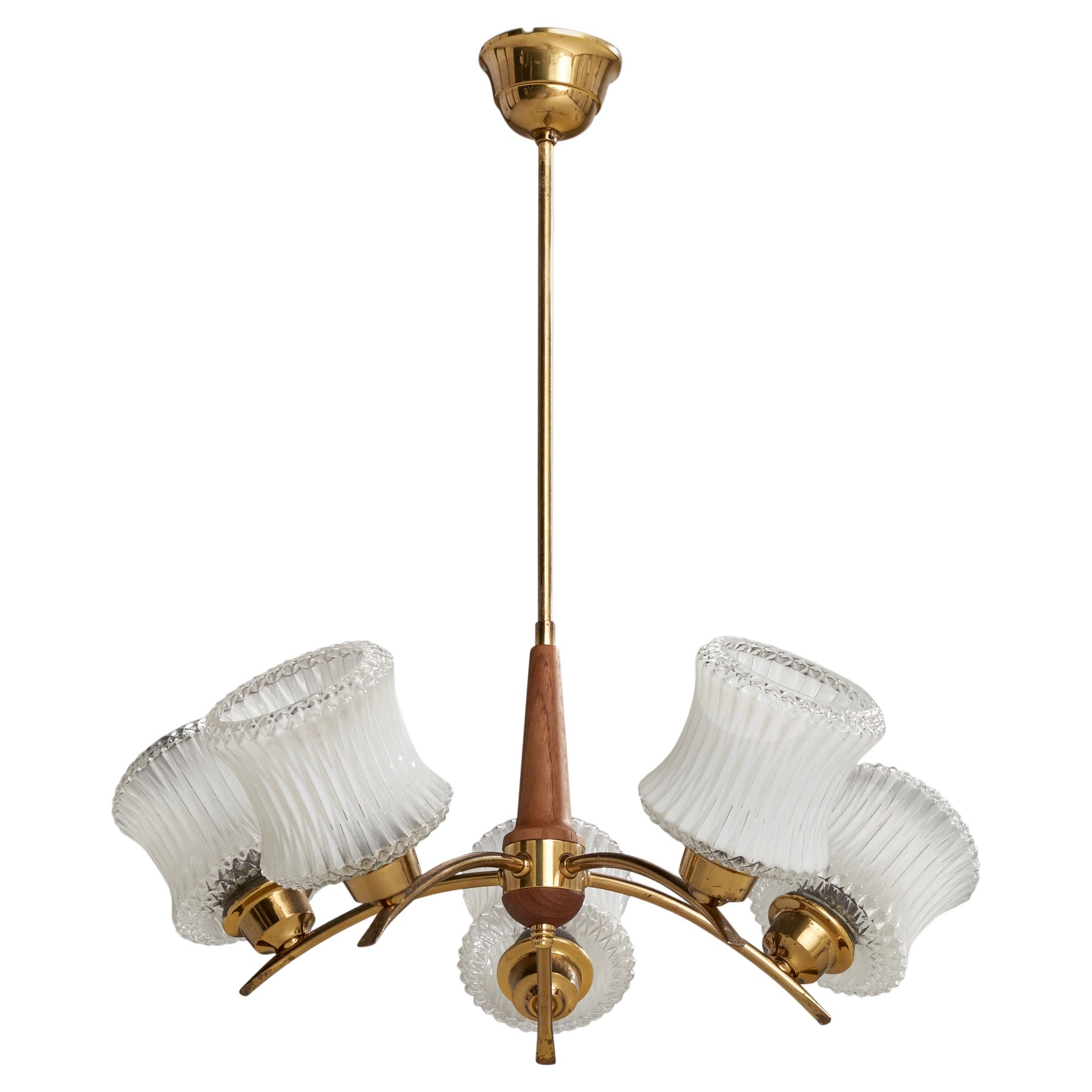 Swedish Designer, Chandelier, Brass, Wood, Glass, Sweden, 1950s