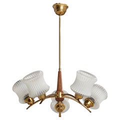 Swedish Designer, Chandelier, Brass, Wood, Glass, Sweden, 1950s