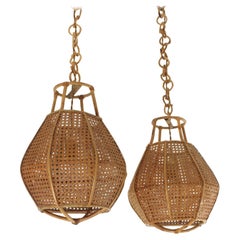 Italian Modernist Wicker Wire Rattan Globe Pendants / Hanging Lights, Pair