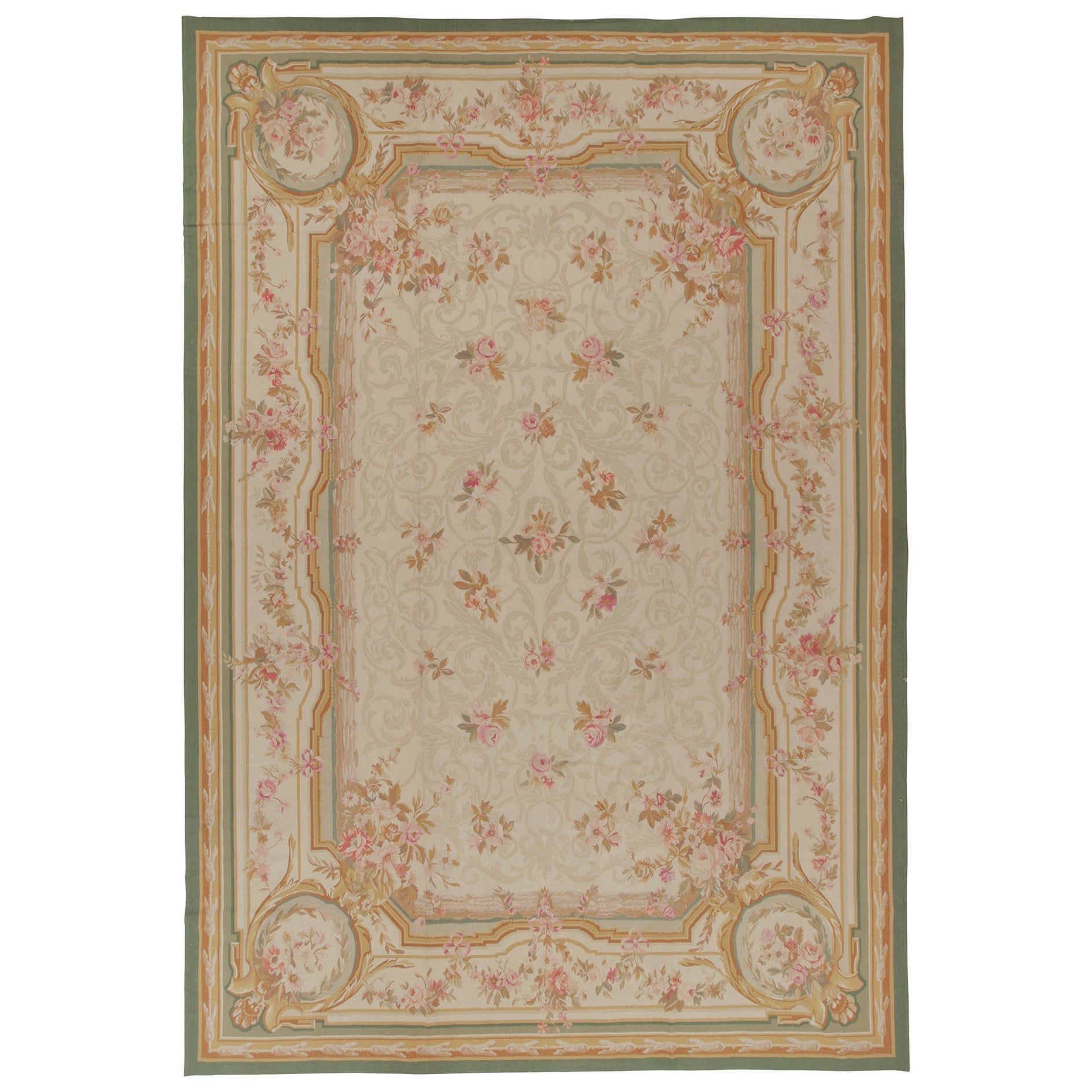 Rug & Kilim’s Aubusson style Flat Weave in Beige, Brown and Pink Floral Pattern