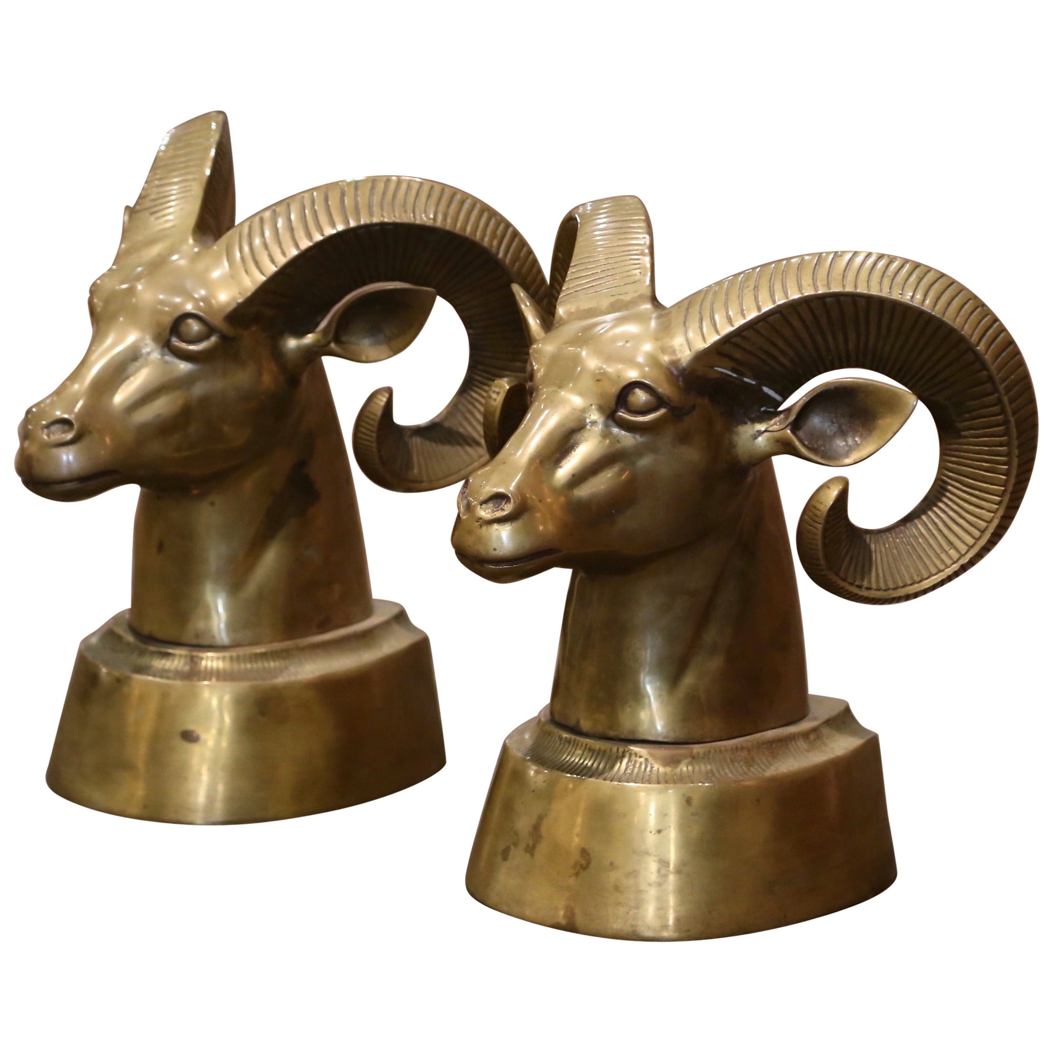 Pair of Vintage French Gilt Brass Ram Head Sculptures