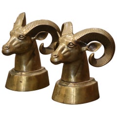 Pair of Vintage French Gilt Brass Ram Head Sculptures