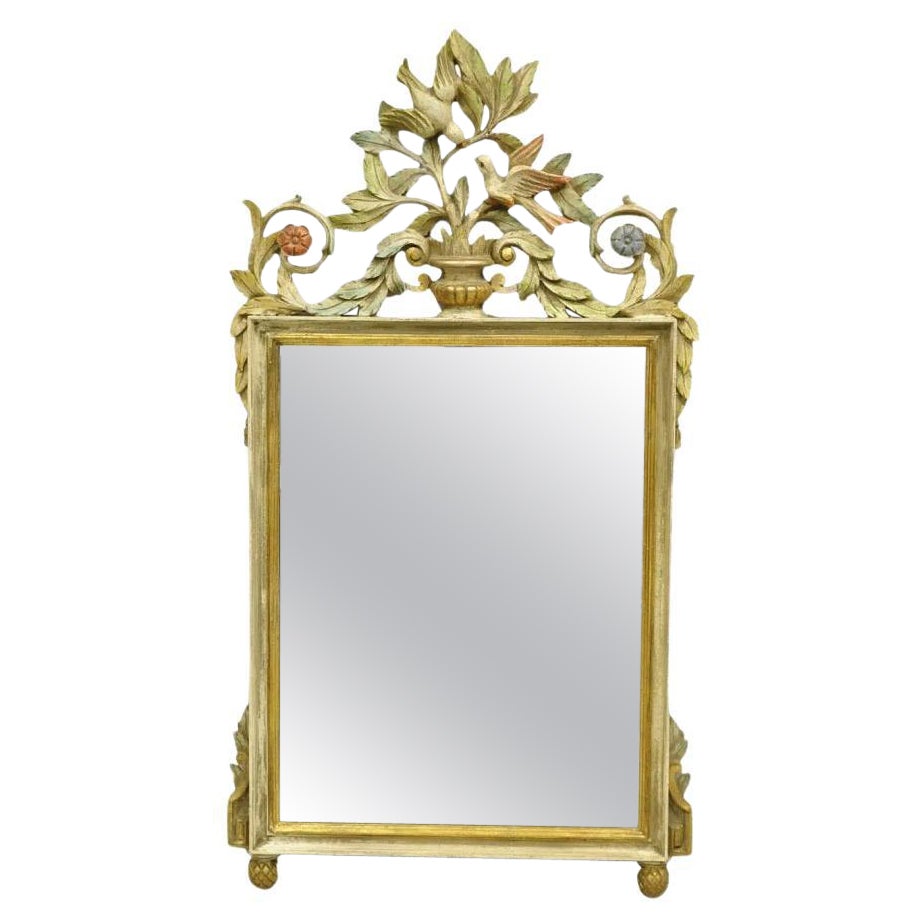 Vintage Italian Neoclassical Carved Wood Painted Birds & Flowers Wall Mirror
