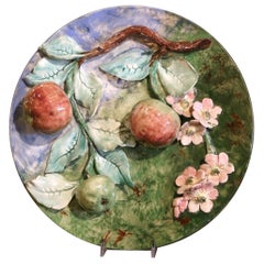 19th Century French Ceramic Barbotine Wall Platter with Apples Signed Longchamp