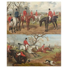 Antique Pair English Equine Horse Hunting Oil Paintings Edward Benjamin Herberte
