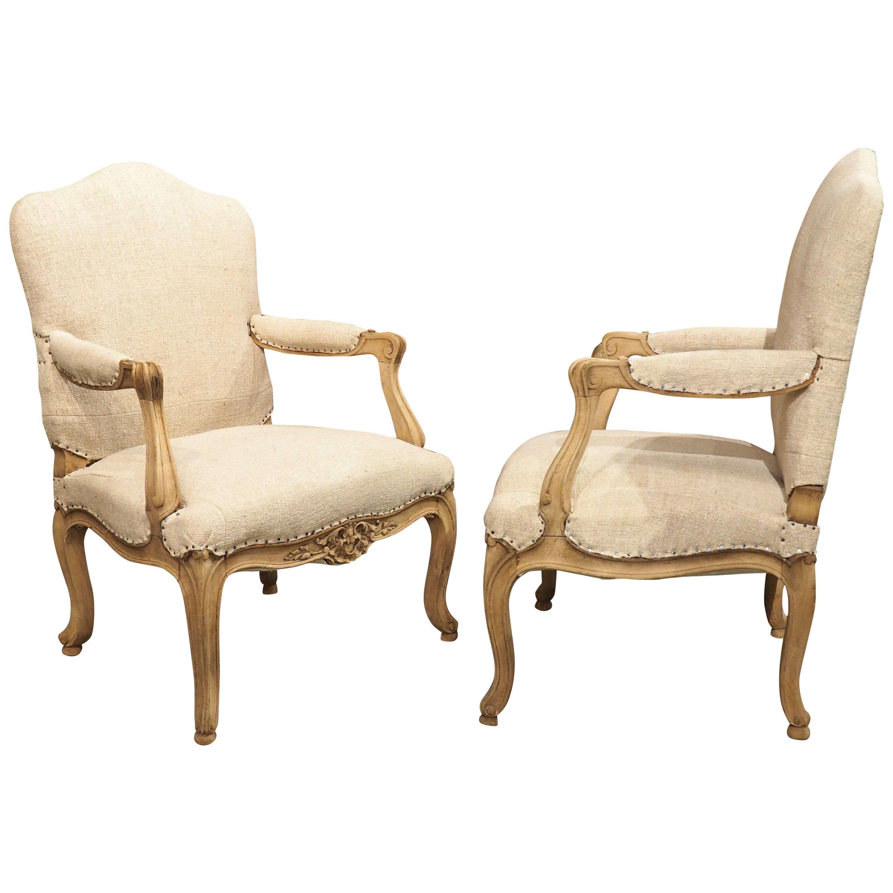 Pair of Bleached French Louis XV Style Fauteuils with Linen, Late 19th ...