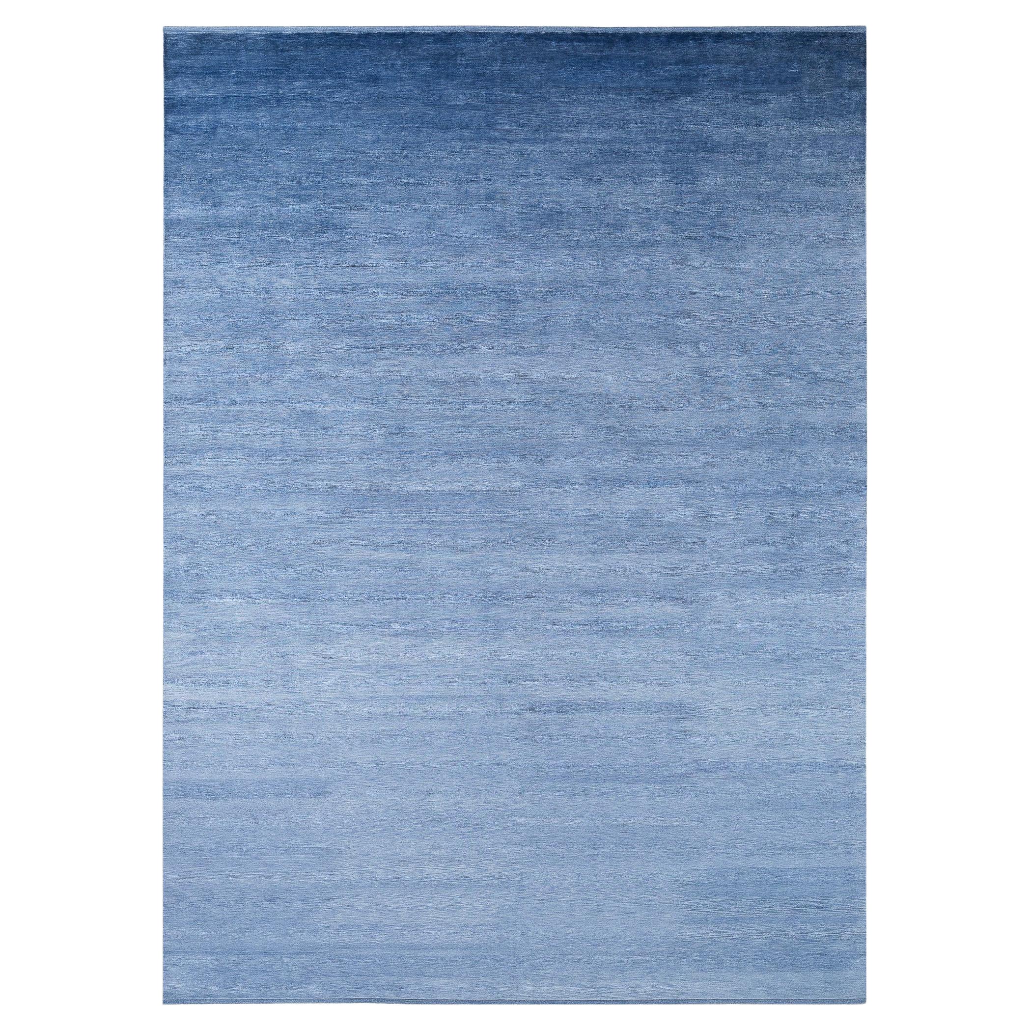 Solid Modern Blue Silk Area Rug With Wool End Panel 10'x14' by Joseph Carini For Sale
