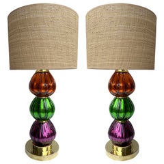 Contemporary Pair of Brass and Colored Mirrored Murano Glass Lamps, Italy