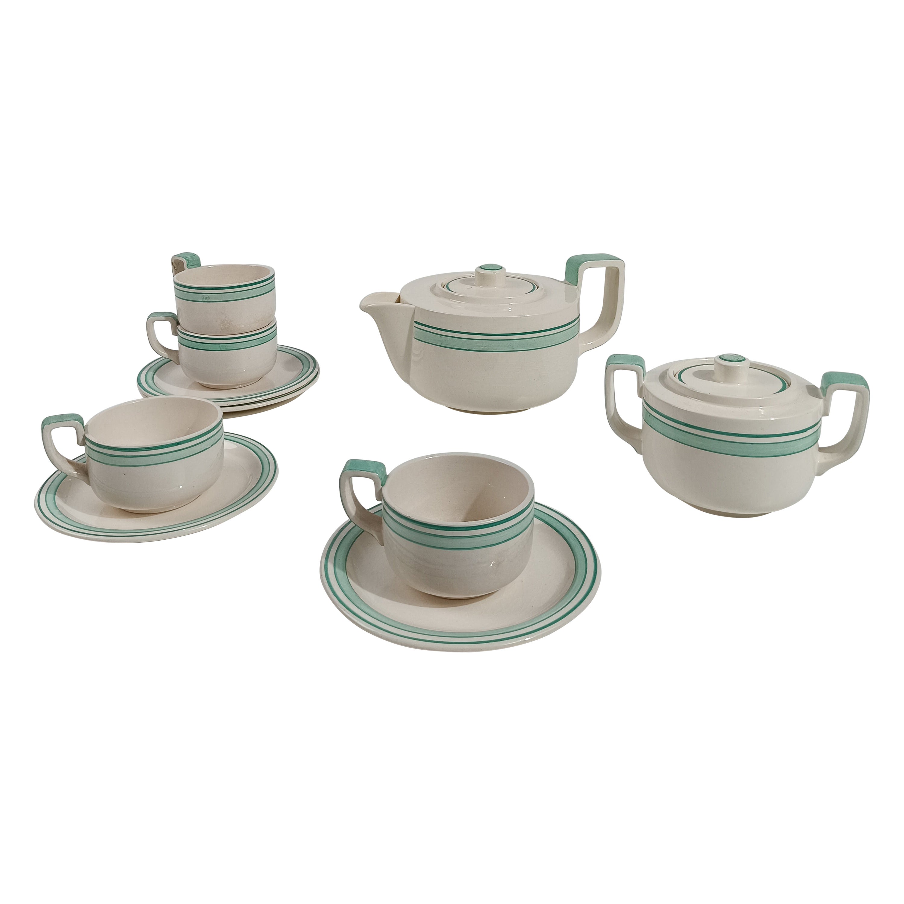 Juego de té Art Déco italiano de Richard Ginori en mayólica blanca y verde Tiffany en venta