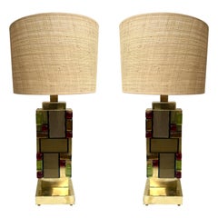 Contemporary Pair of Brass Textured and Cabochon Murano Glass Lamps, Italy
