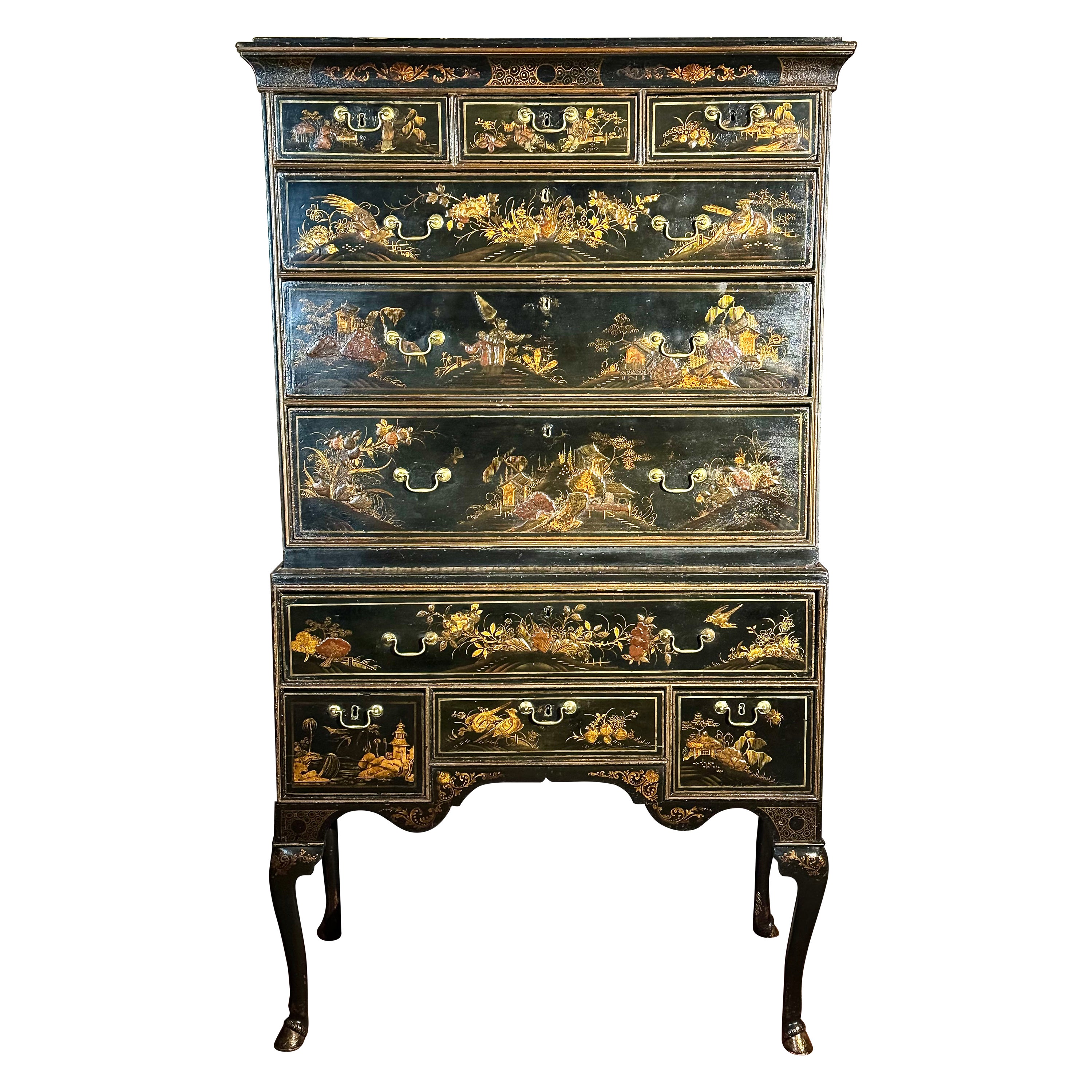 Rare Queen Anne Chinoiserie Japanned Chest On Stand