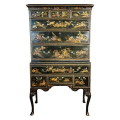 Rare Queen Anne Chinoiserie Japanned Chest On Stand