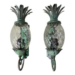 Large Pair of Bronze and Brass Pineapple Wall Lantern or Wall Sconces