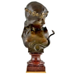 Cleopatra busto donna in bronzo Art Nouveau con serpente di Isidore De Rudder 1900