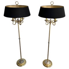 Pair of Neoclassical Brushed Steel & Brass Floor Lamp In the Style of M. Charles