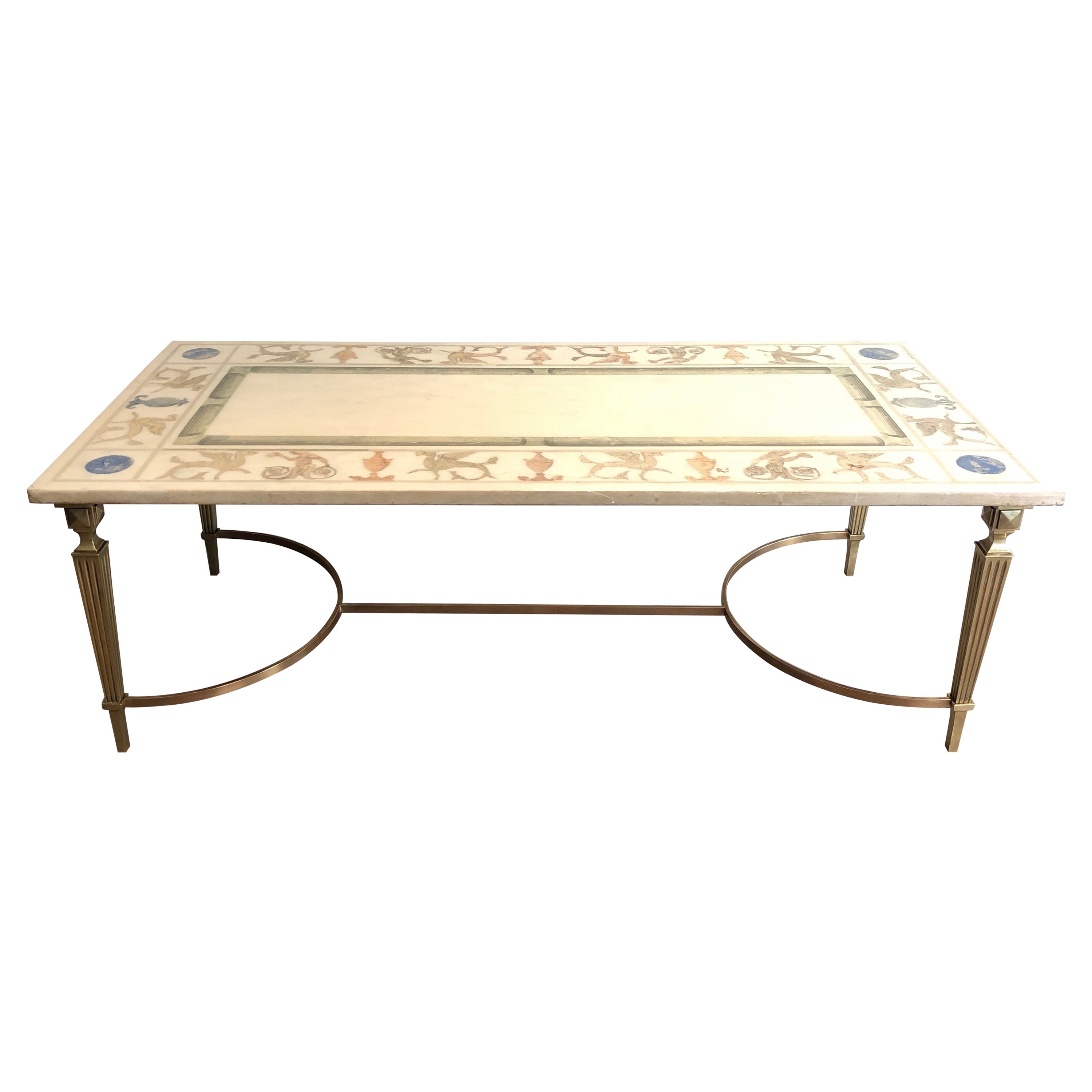 Couchtisch im neoklassischen Stil aus Bronze und Messing mit Marmorplatte, dekoriert