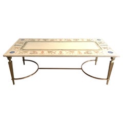 Neoclassical Style Coffee Table in Bronze and Brass with Marble Top Decorated