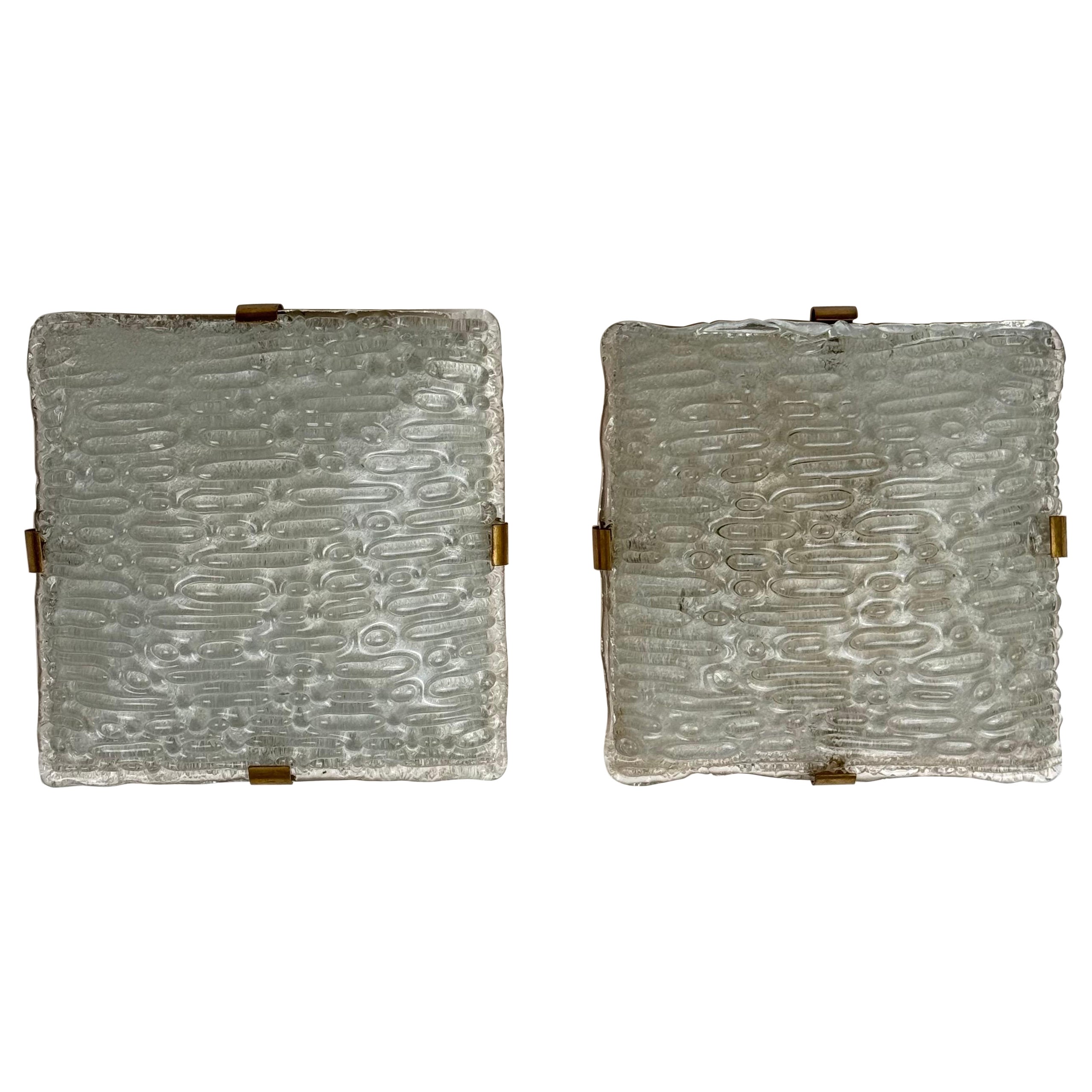 Pair of Murano Glass and Brass Sconces Attributed to Fontana Arte, 1960