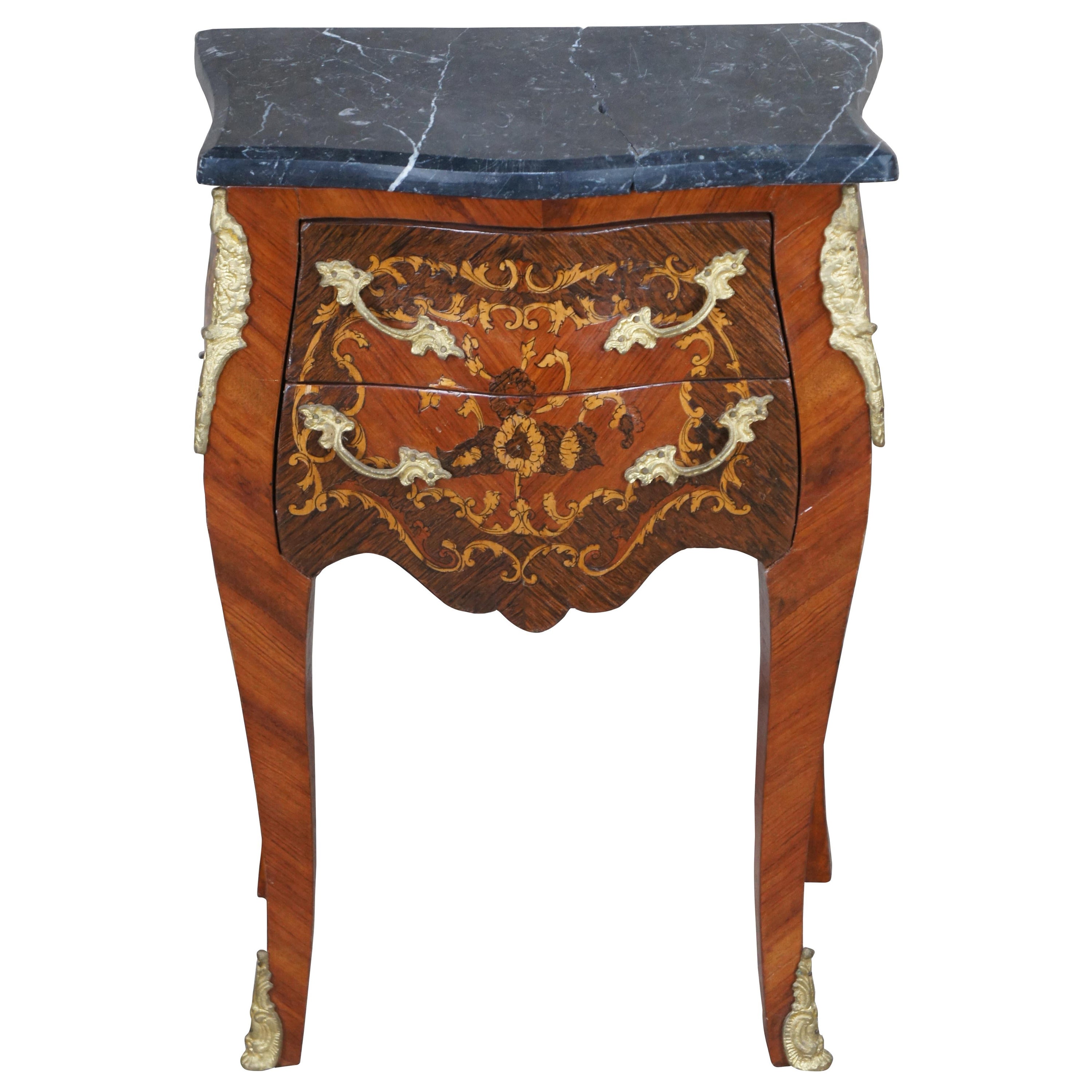 French Louis XVI Serpentine Walnut Bombe Marble Commode Nightstand Petite Chest