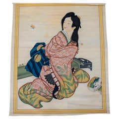 1980s Hand-painted Fabric Traditional Japanese Character