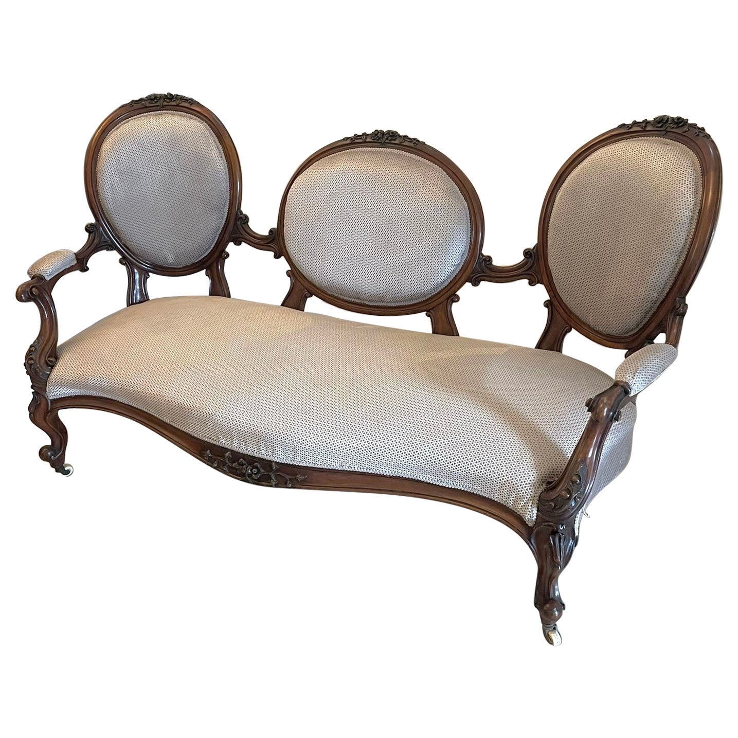 Antique Victorian Cameo Back Carved Walnut Sofa