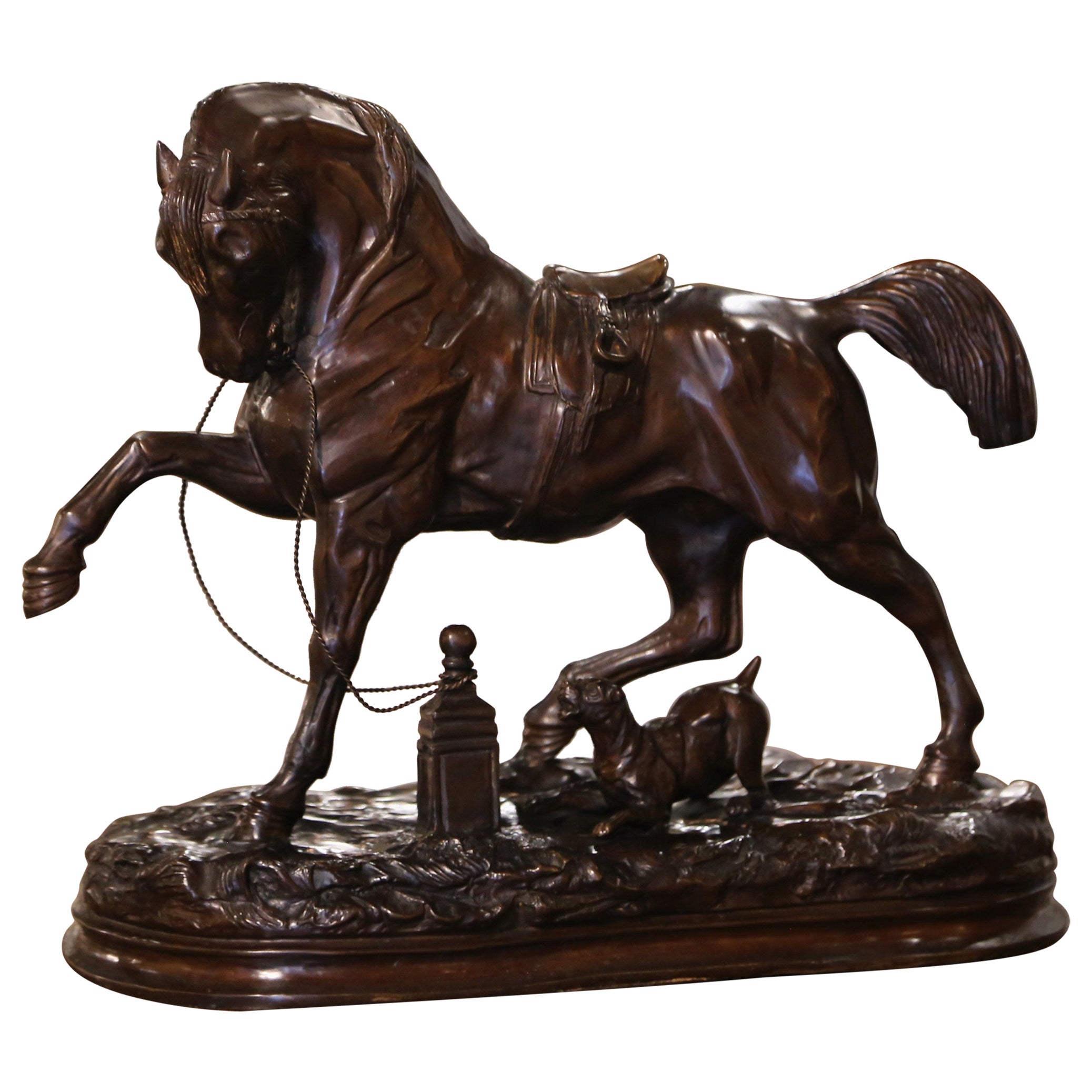 Escultura de caballo francesa de mediados de siglo en bronce patinado según Pierre Lenordez