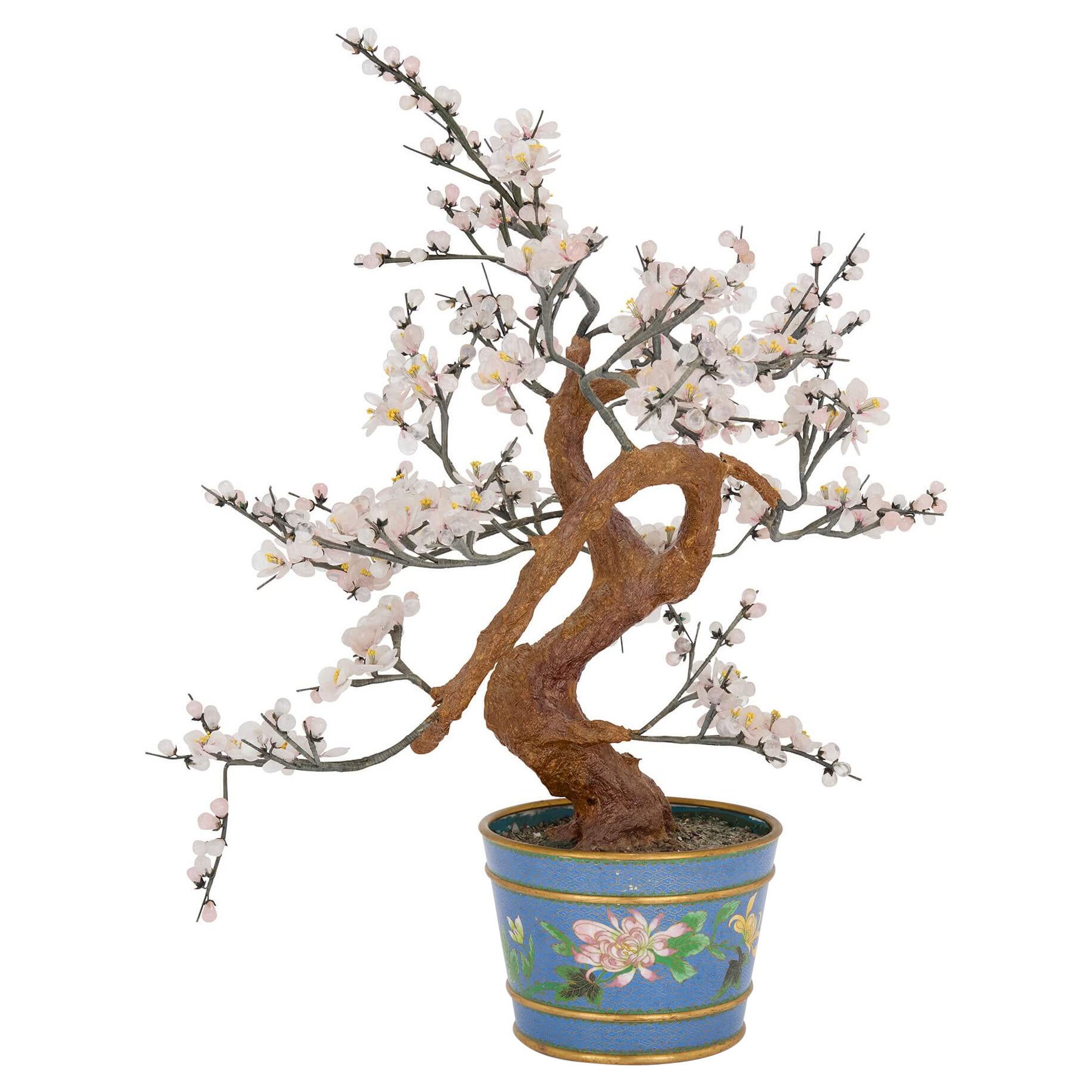 Modèle chinois de fleur de cerisier en pierre dure dans une jardinière en émail cloisonné