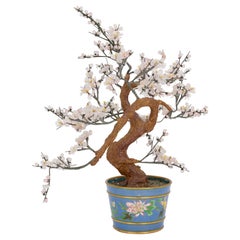 Chinese Hardstone Model of Cherry Blossom in a Cloisonné Enamel Planter