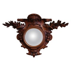 19th Century French Black Forest Carved Walnut Wall Sculpture with Convex Mirror