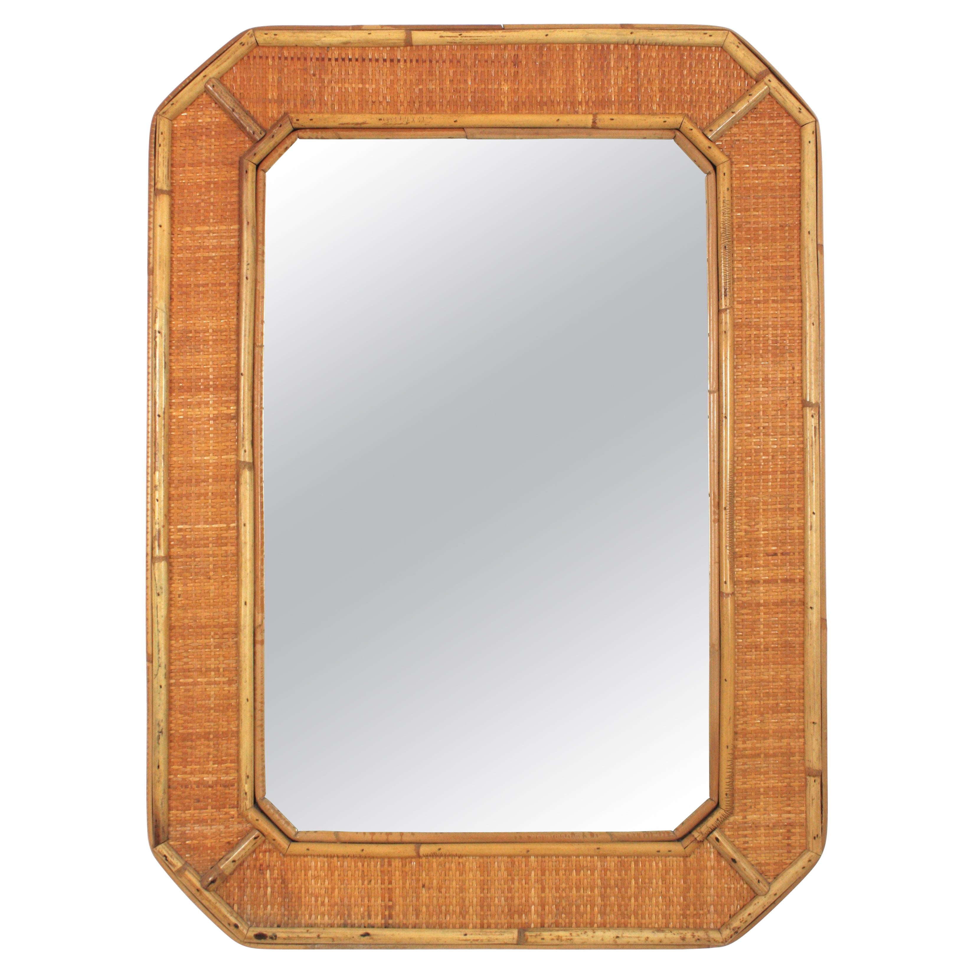 Octagonal Mirror in Rattan and Woven Wicker