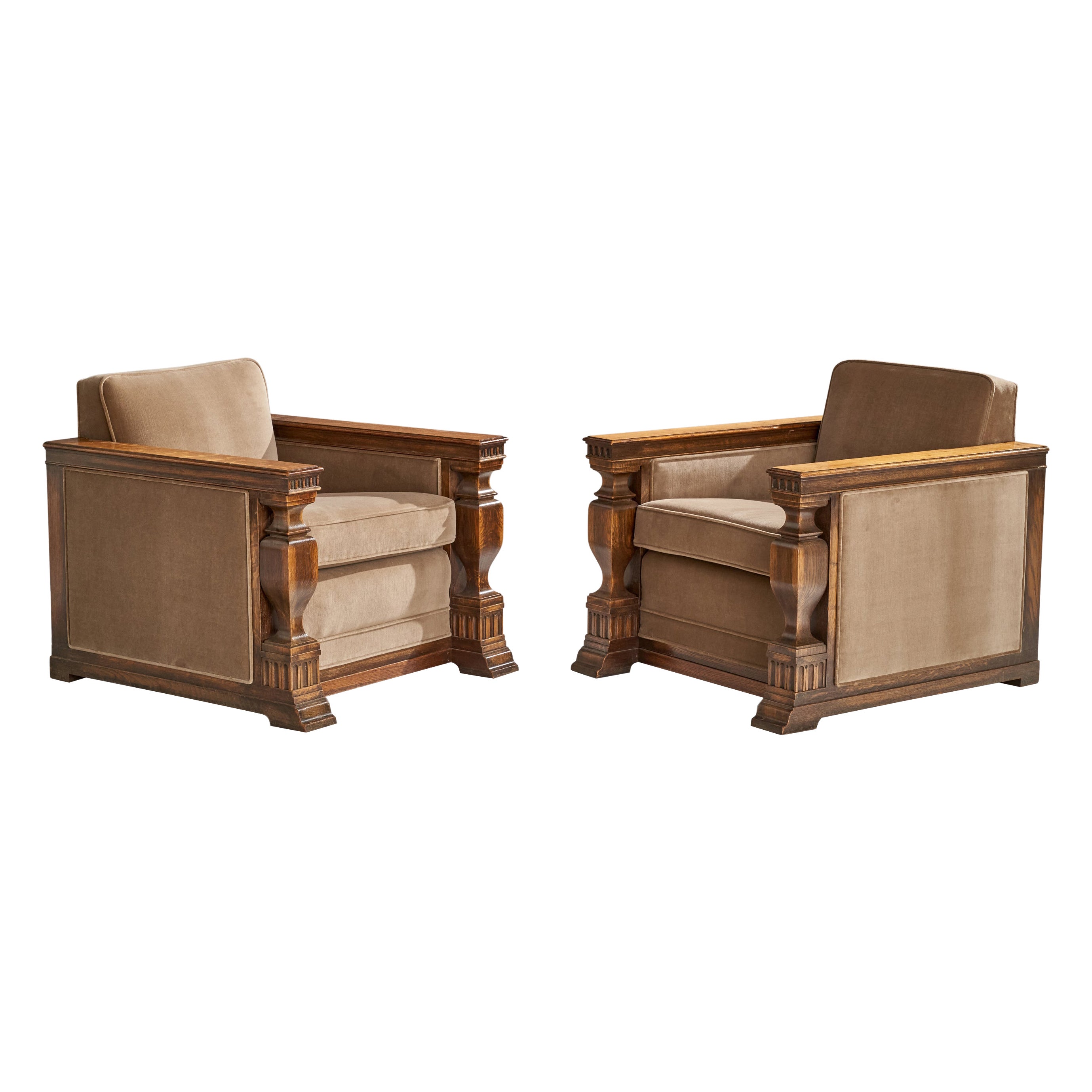 Swedish Designer, Lounge Chairs, Oak, Velvet, Sweden, 1930s