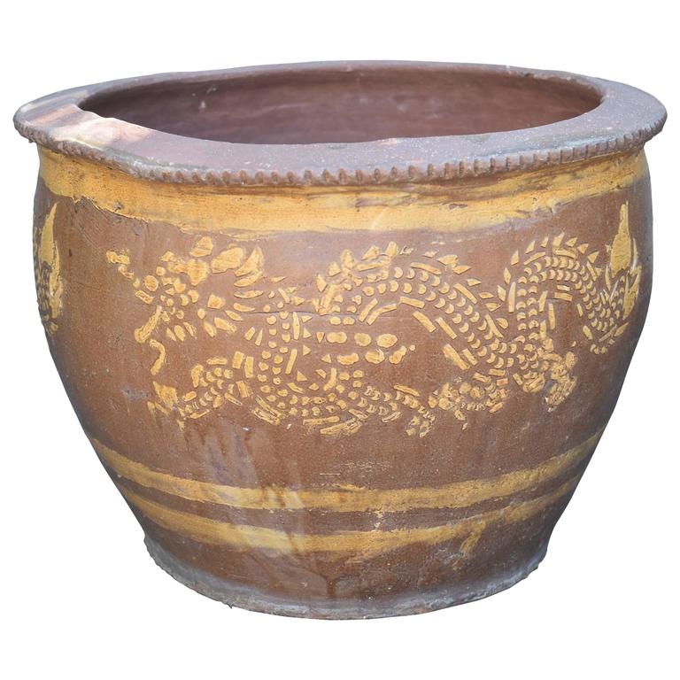 Vintage Chinese Earthenware Planter with Dragons For Sale at 1stdibs