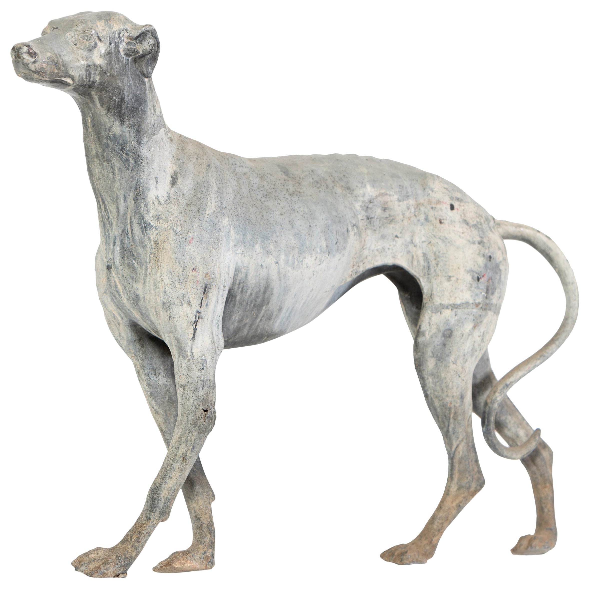 Antigua escultura inglesa de plomo fundido de Whippet de pie, Inglaterra, 1900
