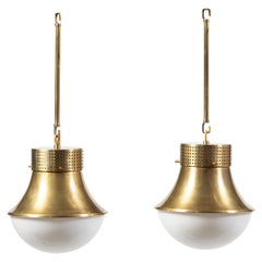 Pair Precision Pendants Antique Burnished Brass w/ White Glass Shades, 2000s