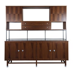 Mid Century Modern Walnut & Rosewood Hutch Wall Unit Cabinet by Stanley, c1960s