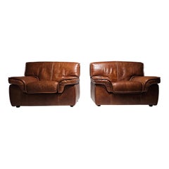 Pair of Huge Italian Lounge Chairs in Cognac Buffalo Leather, 1970s