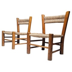 French Rustic Pair of  Low Chairs in Elm Wood and Straw, 1960s