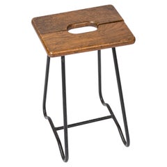 Modernist Iron & Oak Split Slats Stool - France 1960's