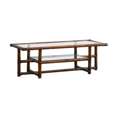 Bamboo Coffee Table with Leather Bindings and Double Glass Top, 1970